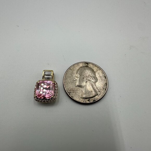 Pink Stone Necklace Pendant Gold Over Sterling Silver CZ Square Halo Setting - Picture 9 of 11